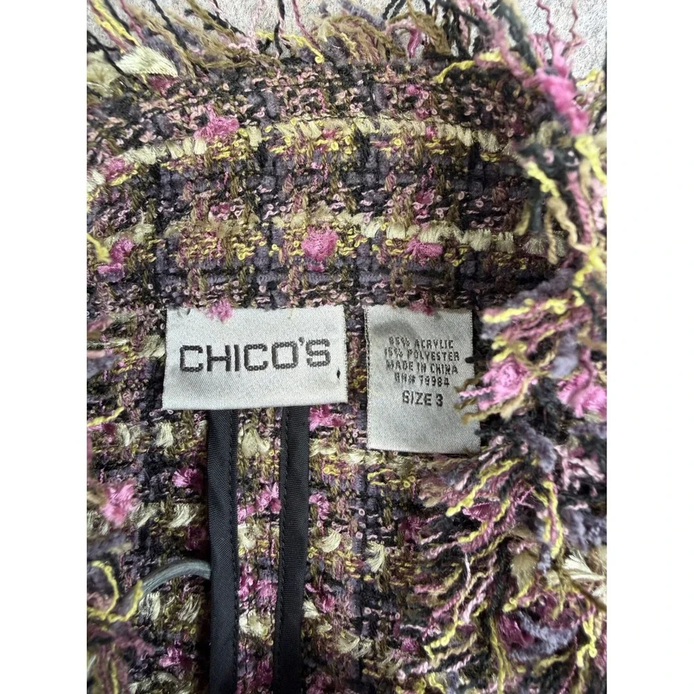 Vintage 90s Chicos Tweed Fringed Jacket Womens 3 XL Multicolor Plaid Office Chic